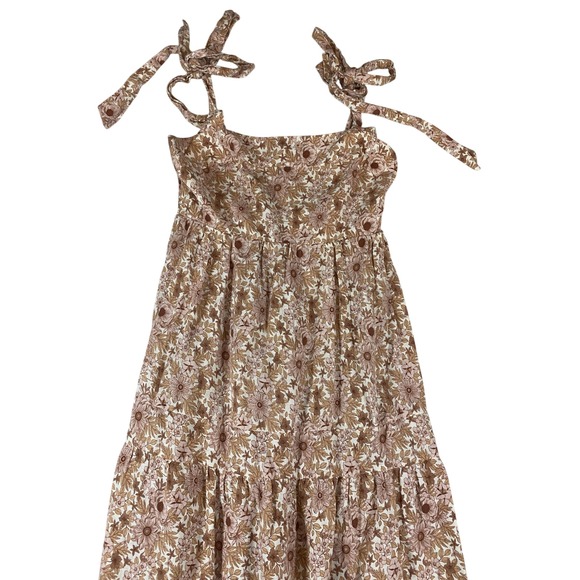 House of Harlow 1960 Tan Floral Tie Shoulder Smocked Tiered Maxi Dress Womens S - Picture 2 of 9